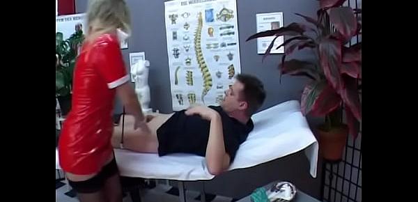 Sexy nurse in red latex uniform gives blowjob to patient in hospital bed